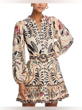 Farm Rio cream mini button down dress w tropical flower pattern dress Size XS🪐